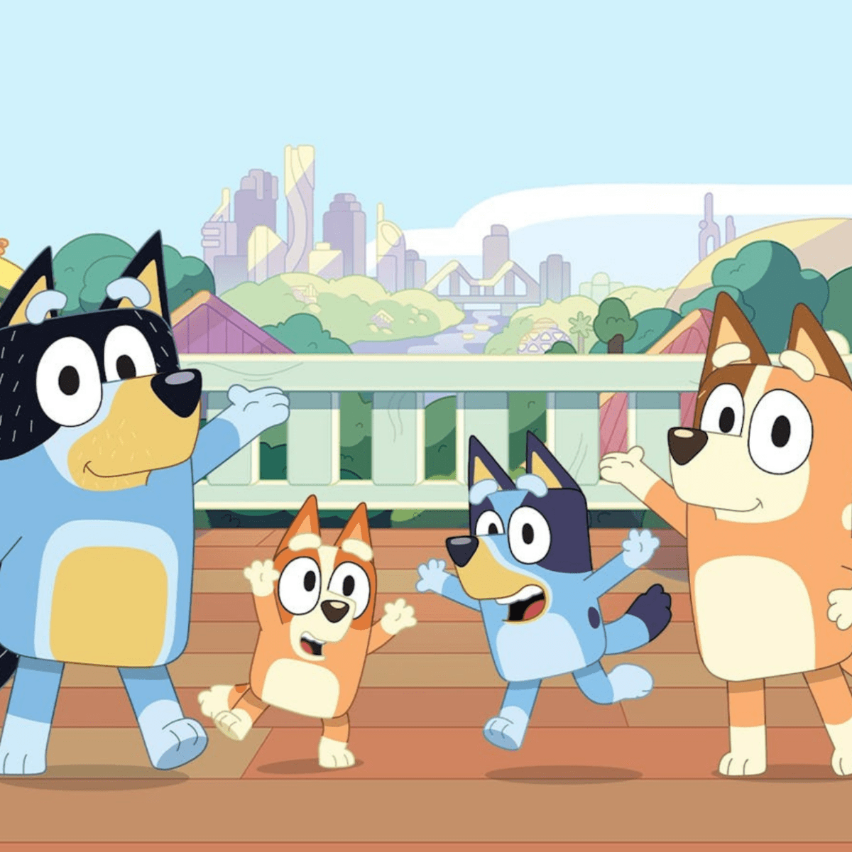 Bluey, Bingo, Bandit, and Chilli Heeler from the animated children's series Bluey